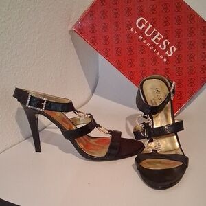 GUESS Dolphus Black Heels with Rhinestone Accents